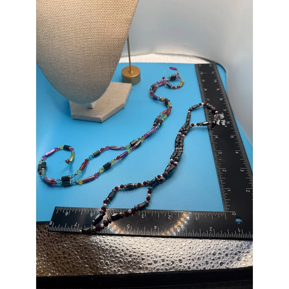 Magnetic Wrap Bracelet Set 2PC Multicolor‎ Red Black Beaded Hematite Style 17in